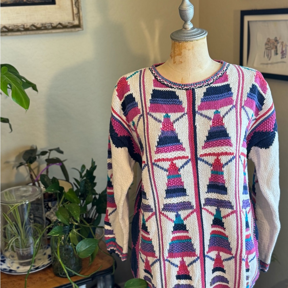 Vintage 90s Cotton Geometric Patterned Sweater - Multicolor